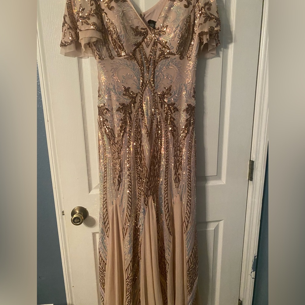 R&M Richards Gold Sequin Evening Gown